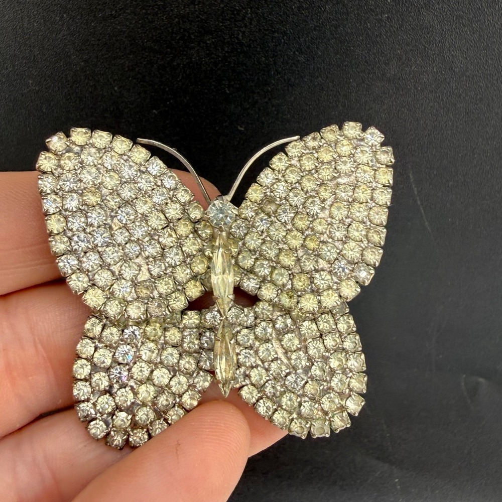 Vintage Estate Butterfly Brooch Silver Tone Rhinestone Large 2.25in